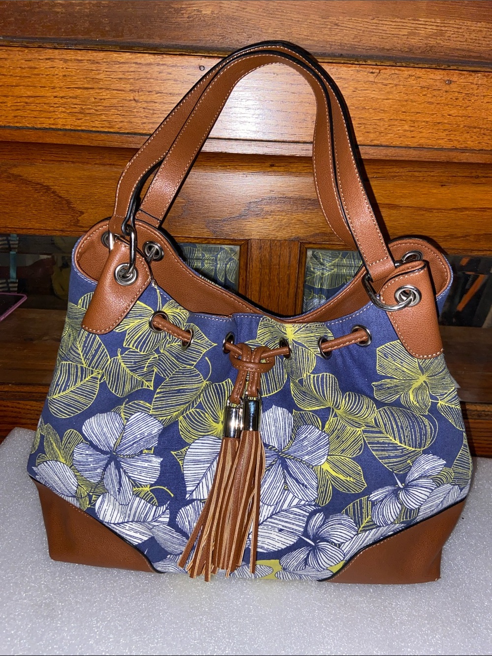 EUC Chaps Navy Floral Shoulder Bag with Brown Trim